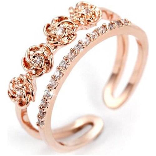 Romantic Rose Zirconia Rings Rose Gold Color Double Layer Resizable Finger Rings Fashion Wedding Party Jewelry Gifts For Women