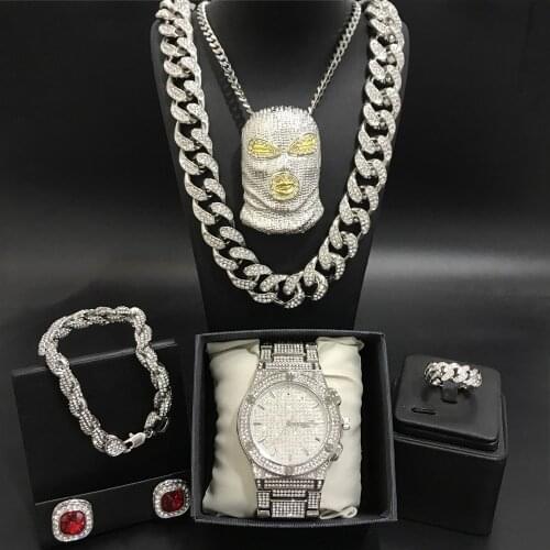Luxury Men Silver Color Watch & Neckalce & Braclete & Ring & Earrings Combo Watch Set Ice Out Cuban Jewerly Hip Hop For Men