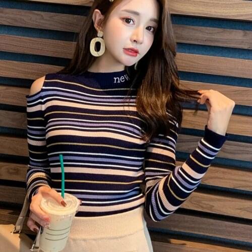 Spring new 2019 wild self-cultivation sexy thin striped knit shirt off-the-shoulder long-sleeved shirt shirt sweater