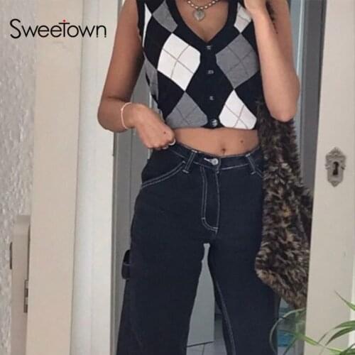 Sweetown Argyle Plaid Knitted Button Sweater Vest Female England Preppy Style Y2K Clothes V Neck Casual 90s Knitwear Autumn