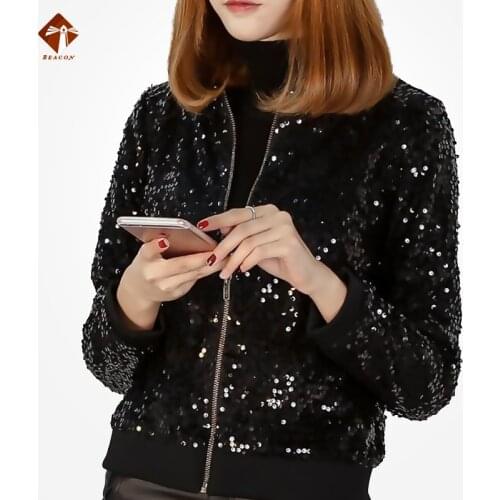 2021 Spring Heavy Sequin Jacket Thin Coat Women Sparkle Baseball Uniform Short Outerwear Plus Size Coat Jackets Ladies Zipper