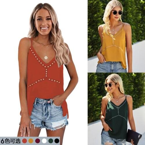 T Shirt Women 2021 New Arrival Summer Style Pure Color v-neck Rivet Sexy Backless Female Condole Belt Tshirt ONYSY211S3123