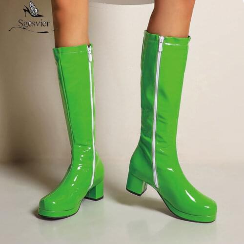 Sgesvier Size 48 Women Knee High Boots Candy Color Shoes Woman Shiny Gloss Patent Leather Night Club Boots Pole Dance Shoes