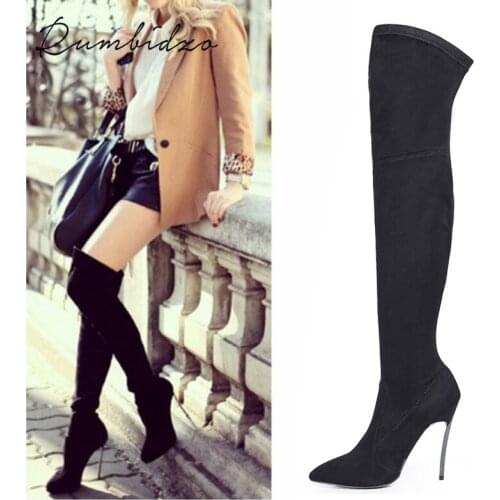 Rumbidzo 2019 Autumn Winter Women Boots Stretch Slim Thigh High Boots Over the Knee Boots High Heels Pointed Toe Sapatos