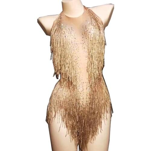 Shining Rhinestones Women Sleeveless Bodysuit Glitter Gold Tassel Evening Prom Jumpsuits Nightclub Pole Dancing Show Costumes