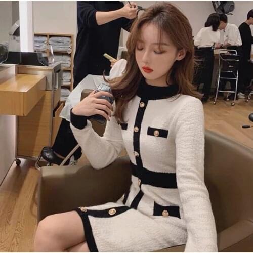 Womens dress 2020 autumn new Korean style high waist slimming black and white color matching slim dress