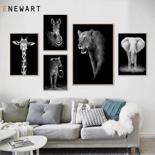 Animal Giraffe Zebra Lion Elephant Prints and Posters Black and White Africa Animal Canvas Art Wall Picture for Living Room