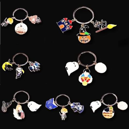 1pc Enamel Hip Hop Style Magic Keychain Wizards/Pumpkin Man/Devil Castle/Owl/Bat/DIY Charm Halloween Jewelry Crafts Keyring P801