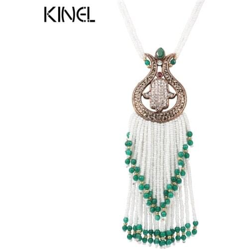 2017 Turkish Tassel Pendant Necklaces For Women Antique Gold Color Crystal Bead Long Necklace Choker Vintage Wedding Jewelry