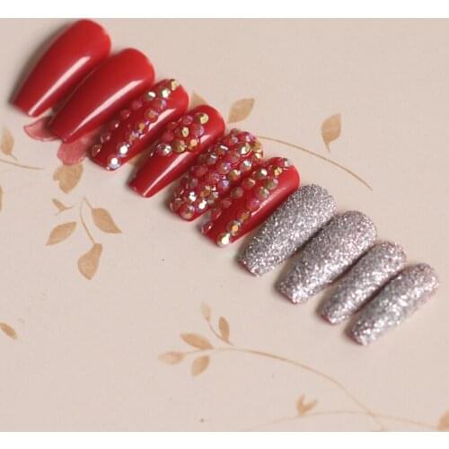 24pcs latest candy long ballet handmade crystal diamond fake nails sexy red P1329-1