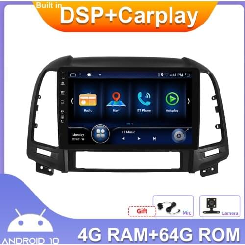 Double 2 Din Car Radio Stereo Auto Built in DSP+Carplay 4GB+64GB Android 10.0 Wifi BT SWC Camera For Hyundai Santa Fe 06-12