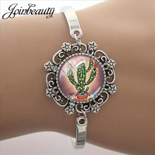 JOINBEAUTY Green Cactus Bloom Pattern Bracelet Lace 15mm Glass Cabochon Dome Potted Plant Jewelry Fashion Women Accessories CA81