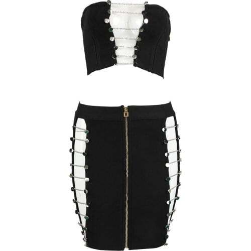 Black Strapless Rayon Hollow Out Two Pieces Sexy Women 2017 New Arrival Bodycon Celebrity Bandage Dress Sequins