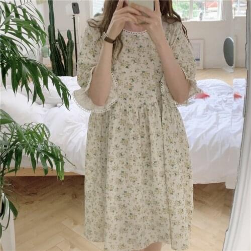 Gauze 100% cotton dress homewear floral print summer loose women nightgowns flare sleeve lacework sleepwear vestidos crepe Y737