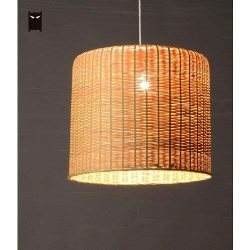 Delicate Bamboo Wicker Rattan Round Straight Bucket Pendant Light Fixture Vintage Retro Nordic Simple Hanging Ceiling Lamp Home
