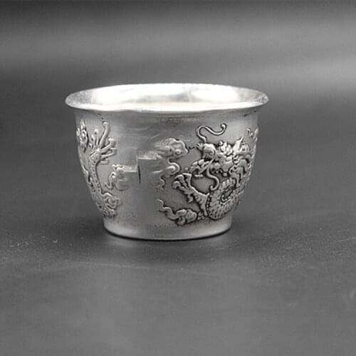 China Folk Tibet Silver WineGlass Double Dragon Opera Pattern