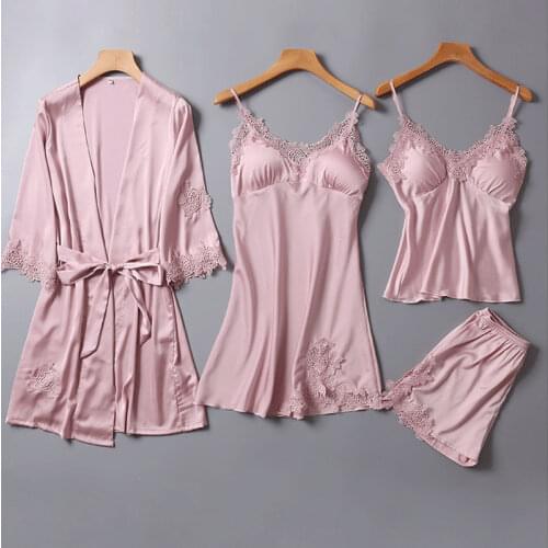4pcs One Lot Pajama Sets For Women Womens Pyjamas Sleepwear Pijama women Robe+Nightdress+Camisole+Shorts