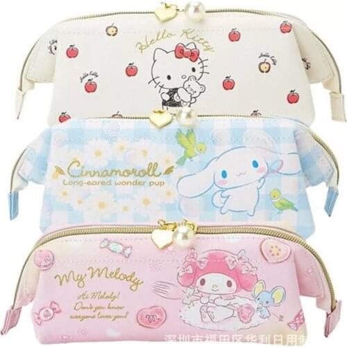 Cartoon cute pencil case hello kitty student stationery storage bag PU leather cosmetic bag pearl zipper storage bag 22*8*8cm