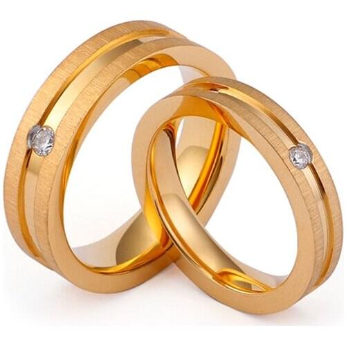 Brushed Stainless Steel Gold Groove Finger Couple Rings Trendy Bohemia Cubic Zirconia Wedding Rings Bague Women Jewelry