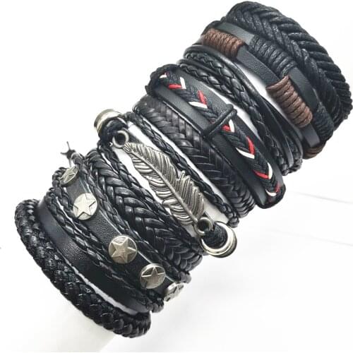 Braided Handmade Feather Star Black Rudder Handmade Beads Skull Leather Bracelets 10pcs/set Men Bracelets Women Fashion Jewelry