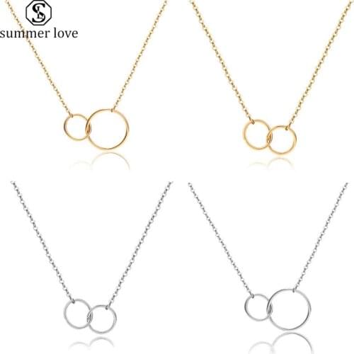 Simple Double Circle Interlocking Pendant Necklace Classic Gold Chains Necklace for Women Copper Sweater Chain Jewelry