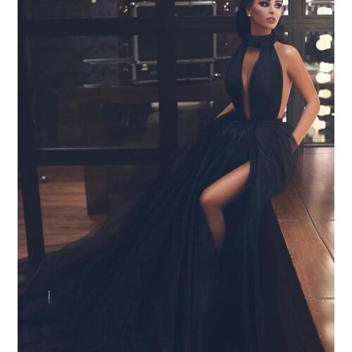 Sexy prom dresses deep v neck halter backless black evening dresses tulle formal dresses