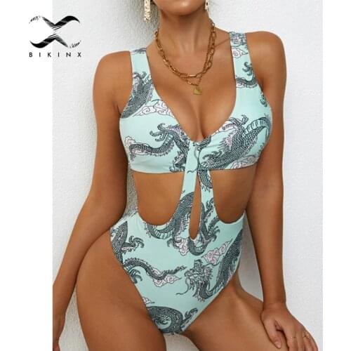 Sexy dragon print one-piece suit Hollow out swimsuit women High cut swimwear Vintage bandeau bathing suit Beach wear Monokini