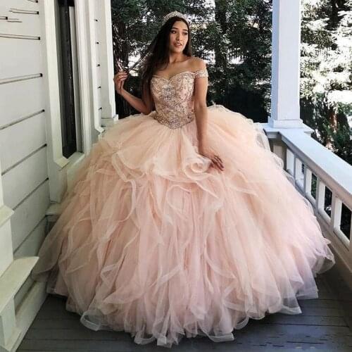 Light Pink Quinceanera Dress 2021 Off Shoulder Sequins Beads Ruffles Tiered Party Sweet 16 Ball Gown Vestidos De 15 Años