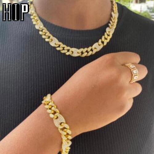 Hip Hop 12MM Bling AAA+ Iced Out Alloy Rhinestones Coffee Bean Miami Cuban Link Chain Necklace For Men Jewelry