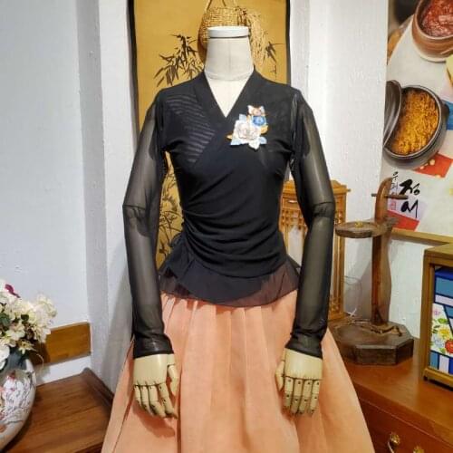 High-quality Womens Hanbok Black Mesh Top and Khaki Satin Skirt Korean Ethnic Traditional Costume Ethnic Dance Cosplay
