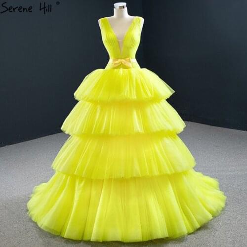 Serene Hill Yellow V-Neck Sexy Tiered Tulle Evening Dress 2020 Latest Sleeveless Lace Up Formal Party Wear Gown CHM67154