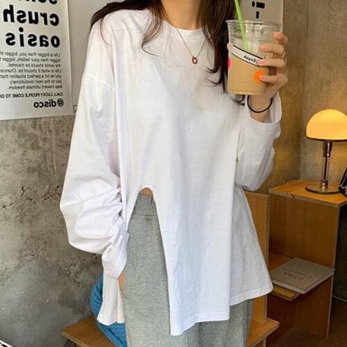 Autumn solid oversized Women T-shirts white Tops Long Sleeve Harajuku T shirt Fashion Split t-shirt Streetwear Womens Clothing