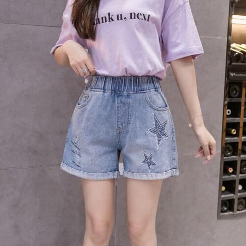 Jean Shorts Women 2021 Summer Denim Short Embroidery Solid Casual High Elastic Waist Ladies Curly Shorts Jeans Plus Size