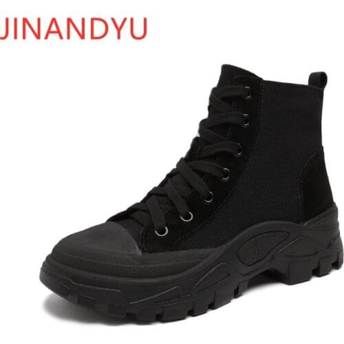 Canvas Black Platform Shoes Women New Ankle Boots for Women Fashion High Top Platform Sneakers Flats Shoes Woman Chunky Boots