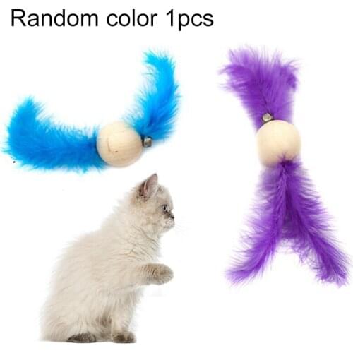 1PCS Random Color Cat Wood Ball Toy Double-End Colorful Faux Feather Toy Cat Interactive Toy Ball Kitten Play Ball Training Toys