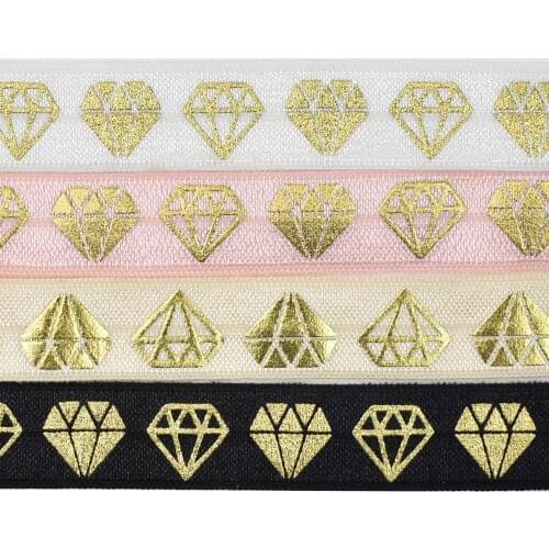 100yards 5/8"16mm Gold foil diamond jewel gem printed FOE fold over elastic Valentine ribbon welcome custom printed
