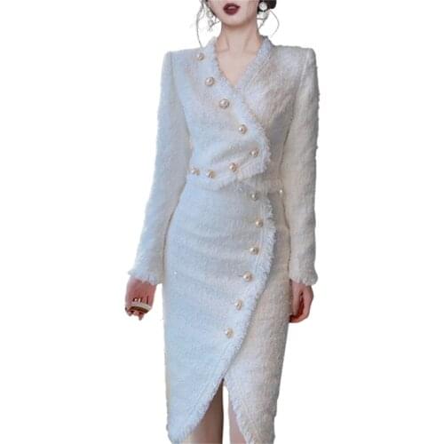 2021 Spring High End Two Pieces Set For Women Tweed Single Button White Blouse And Split Wrap Skirt Ladies 2 Pieces Set Women Su