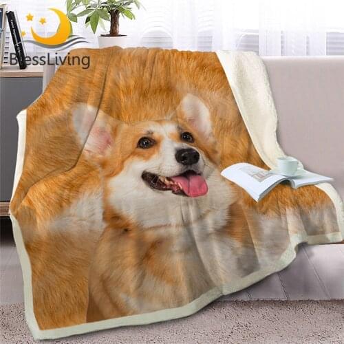 BlessLiving Corgi Dog Throw Blanket on Bed 3D Animal Soft Sherpa Fleece Blanket Brown Bedspreads Fur Print Bedding 150x200cm