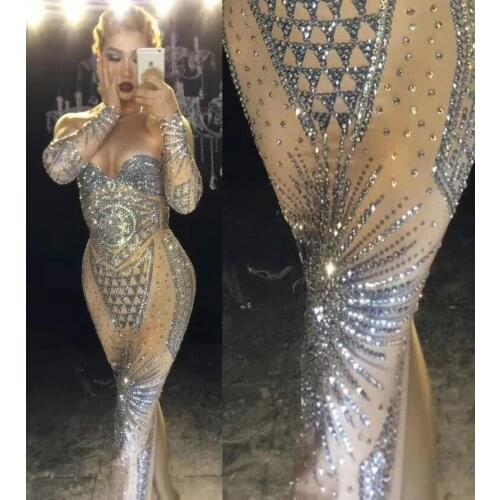 Sparkly Rhinestones Nude Long Dress Sexy Nightclub Full Stones Long Big Tail Dress Costume Prom Birthday Celebrate Dresses