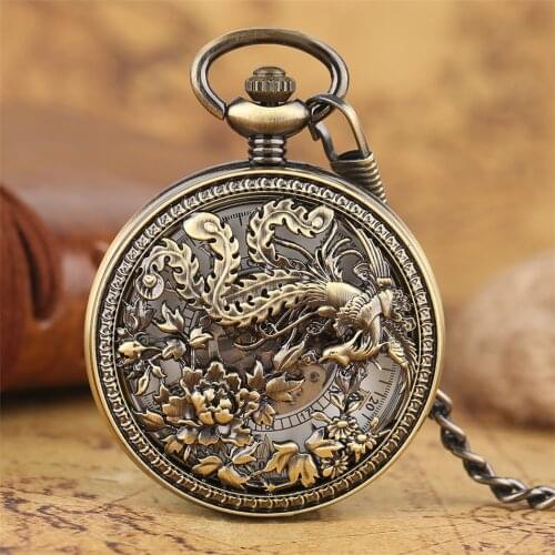 Antique Bronze Exquisite Phoenix Skeleton Mechanical Pocket Watch Automatic Self Winding Pendant Pocket Clock Roman Numeral Dial
