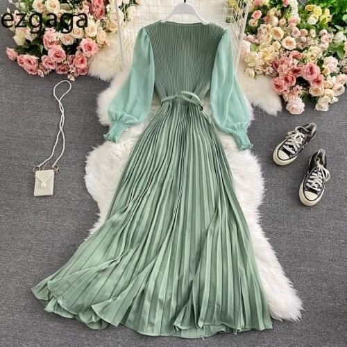 Ezgaga Elegant Dress Women High Waist Spring Solid Pleated Patchwork Office Lady Long Sleeve Bandage Dress Fashion Vestidos