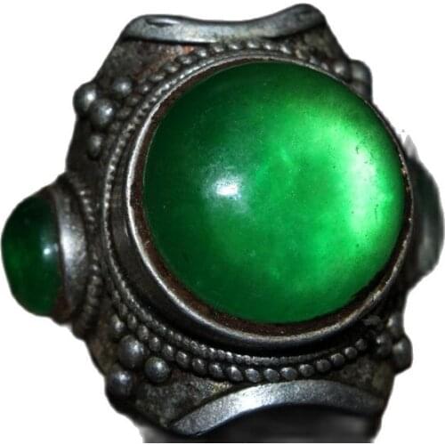 China Old Tibetan Silver Jade Inlaid Three Sided Ring