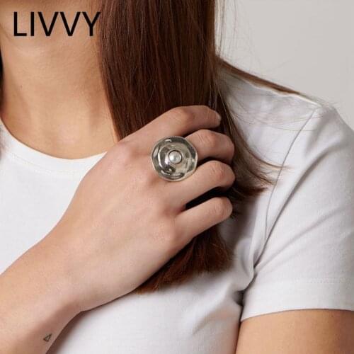 LIVVY Silver Color Pearl Irregular Round Wide Ring Retro Fashion Tide Open Ring Birthday Party Jewelry Gifts