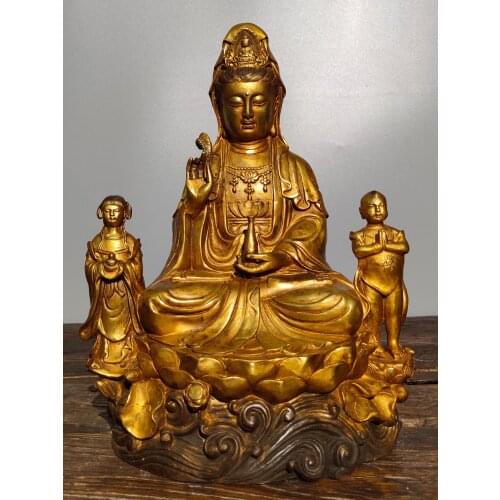 11"Chinese temple collection Old Bronze Gilt Lacquer Guanyin Bodhisattva Golden boy and jade girl Sitting Buddha Ornaments