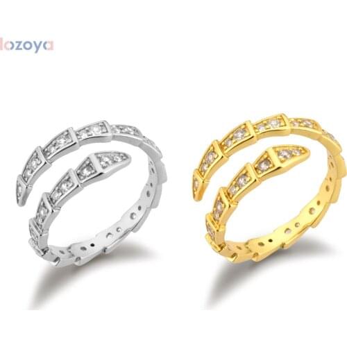LOZOYA 925 Sterling Silver Fashion Fine Jewelry Gold Stage Zircon Pave Snake Resizable Ring 2021 Rock PunkFor European Women