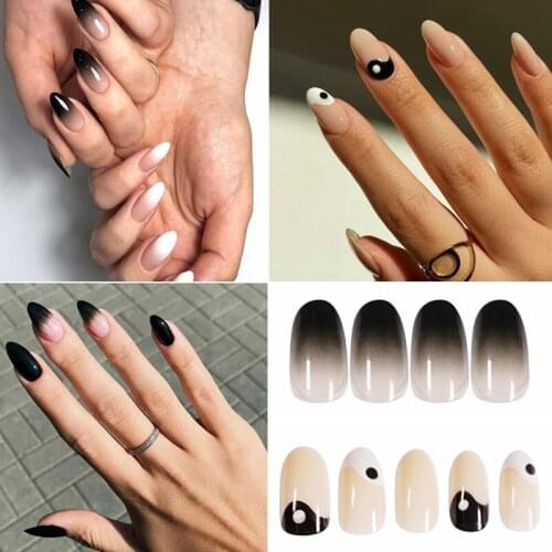 Almond Nail With Design Detachable 24pcs French False Nail Artificial Nail Nails Extension New Tai Chi Black White Fake Nails