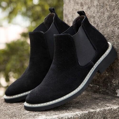 Fashion Chelsea Boots Men Winter Shoes Black Cow Suede Boots Mens Footwear Warm Plush Fur Boots For Men Flat Botas De Hombre