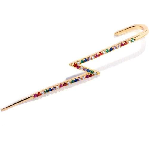 2020 New Minimal Unique Lightning Geometric White Rainbow Cubic Zirconia Paved Piercing Ear Cuffs For Women