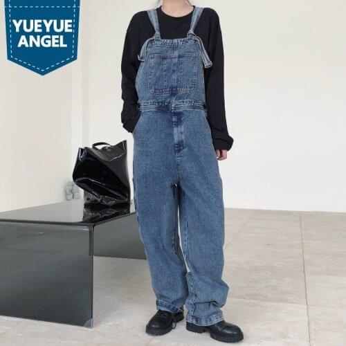 Autumn Vintage High Waist Wide Leg Jeans Denim Overalls Streetwear Casual Loose Fit Cargo Jumpsuit Multi-Pockets Trousers Female