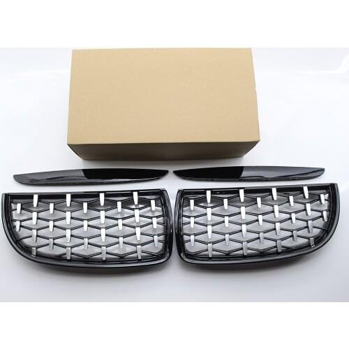 Pair of Front Gloss Black Frame & Chrome Grille Diamond Meteor Style Fit BMW E90 05-08